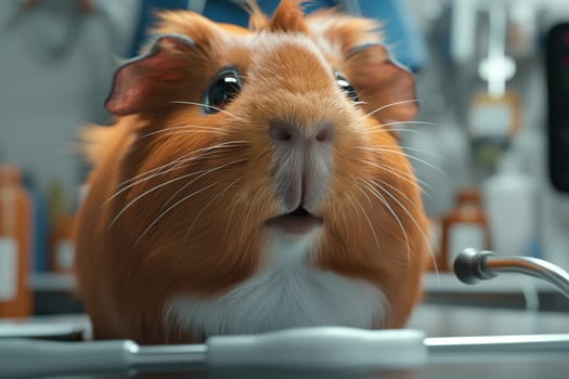 Cute brown furry hamster with adorable eyes and fluffy fur in a veterinary clinic setting