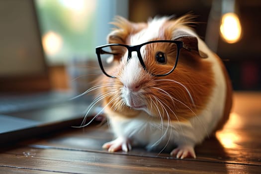 Adorable guinea pig wearing glasses on a wooden desk, looking smart and cute in an office setting
