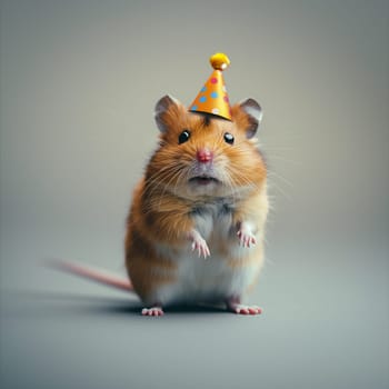 Cute hamster wearing a colorful party hat at a celebration, looking adorable and funny