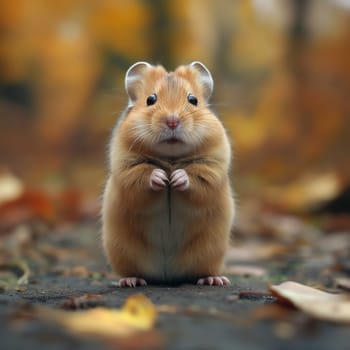 Cute hamster posing outdoors in autumn nature with adorable closeup of the small furry pet