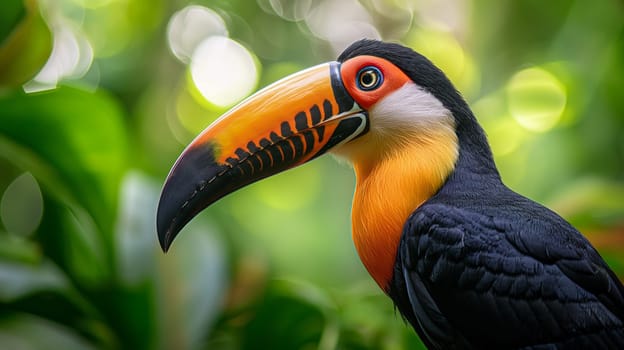 Colorful toucan bird with a vibrant beak in tropical nature, wildlife and exotic jungle environment
