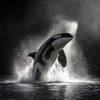 Orca whale jumping with a spectacular splash in the ocean showing black and white colors