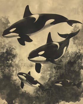Orcas whales in ocean water wildlife, sea creatures, aquatic nature, animals in artistic painting