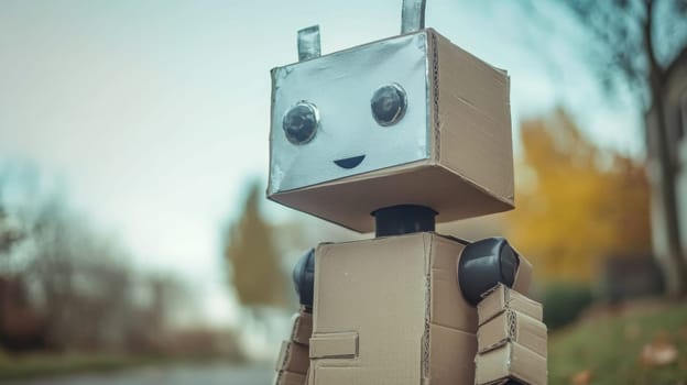 A playful cardboard robot smiles while standing on a suburban street, with colorful autumn foliage in the background. The scene captures a whimsical moment filled with creativity and fun.