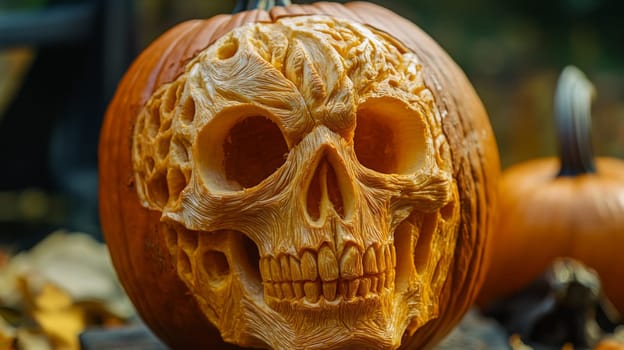 This elaborate pumpkin showcases a detailed skull carving, resting among vibrant autumn leaves in a tranquil garden. The intricate design highlights seasonal themes of Halloween and harvest.