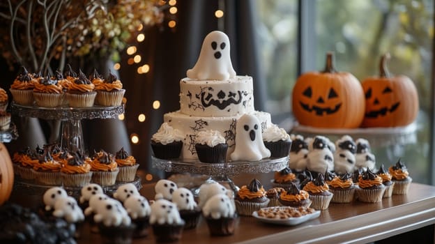 A festive dessert table showcases an array of Halloween treats, including ghost-shaped cupcakes and a decorated cake, surrounded by carved pumpkins, creating a spooky yet inviting atmosphere.