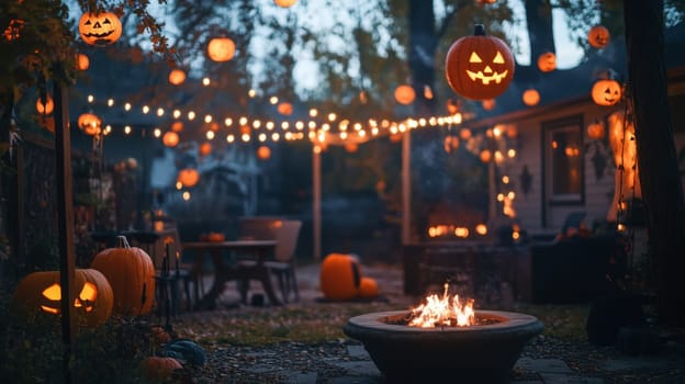 The backyard is adorned with jack-o'-lanterns and string lights that create a warm atmosphere. A fire pit crackles nearby, inviting guests to enjoy the festive ambiance of a fall evening.