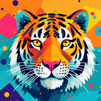 A colorful cartoon illustration of a tiger with polka dots texture against blue background. In the style of playful geometric shapes, editorial illustrations, multilayered collages, flat style, bold colors, unique hand drawn textures, minimalistic, cetered in the middle with negative space around.