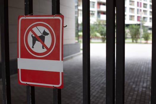 Sign prohibiting entry with dogs on metal fence in front of the entrance to the courtyard of the building. Restriction on admission of dogs on street in special dog free zone