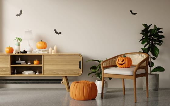 A 3D rendered image of a modern living room decorated with Halloween-themed pumpkins, bats, and cozy furniture.