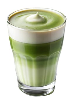 Green tea latte, Japanese iced matcha latte, with whipped green tea and milk isolated on white background. Ai generated image