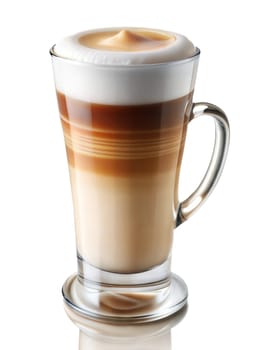 Hot layered cappuccino coffee on glass isolated white background, latte coffee in glass. Ai generated image