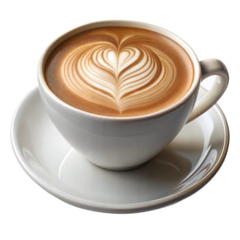 Side view of hot latte coffee with latte art in a ceramic green cup and saucer isolated on white background. Ai generated image