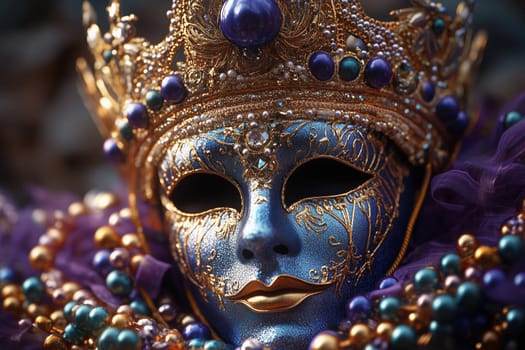 Brilliantly decorated with golden accents and vibrant beads, this elaborate mask embodies the essence of mystery and festivity, evoking the allure of a grand masquerade celebration.