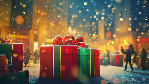 Delighted children gather around vibrant Christmas gifts, surrounded by sparkling lights and a cozy winter atmosphere, embracing the joy of Boxing Day.