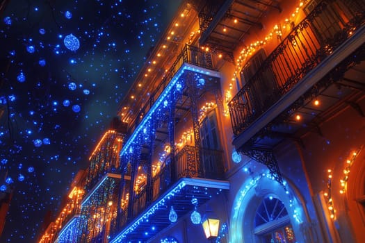 A lively French street comes alive at night, illuminated by twinkling lights and vibrant decorations. Balconies glow, creating a magical holiday atmosphere.