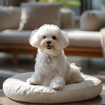 A small Toy Poodle, a white Carnivore companion dog belonging to the Toy dog group, is peacefully sitting on a white pillow in a living room
