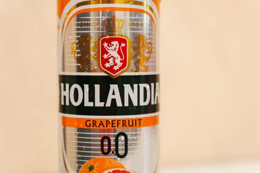 Tyumen, Russia-September 06, 2024: Non alcoholic beer Hollandia can close up against white. Brewed in Holland, since 1758.