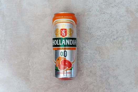 Tyumen, Russia-September 06, 2024: Non alcoholic beer Hollandia can close up against white. Brewed in Holland, since 1758.
