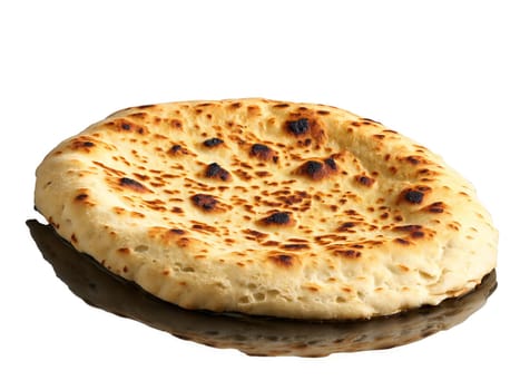 Naan Fluffy leavened naan bread with a few charred spots resting on a glass surface. Food isolated on transparent background.