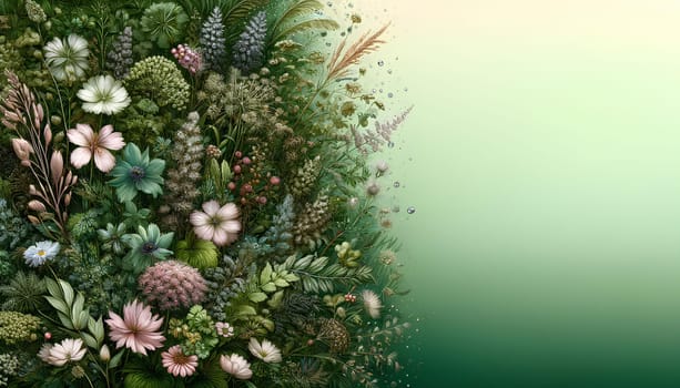 horizontal floral background in green tones with empty space for text.