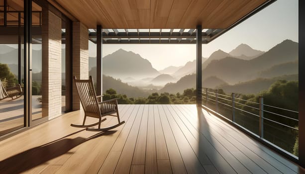an open terrace with a beautiful mountain view, featuring a rocking chair.