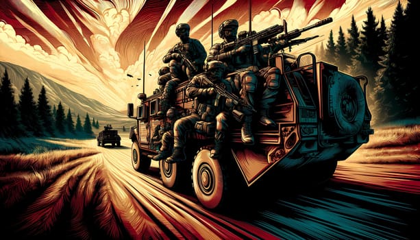stylistic illustration of soldiers traveling in an armored personnel carrier.
