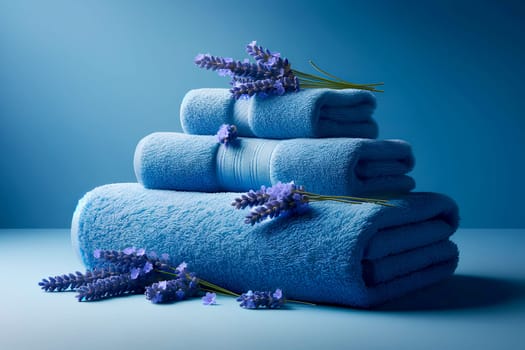 a stack of blue plush terry towels and several sprigs of lavender on a blue background.