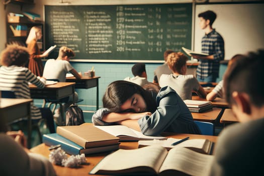 student sleeping at desk in active classroom, burnout concept.