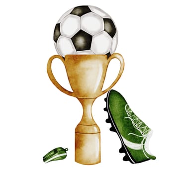 Football Watercolor. Hand drawn composition of a trophy cup, whistle and soccer ball, football and sports boot. Clip art of championship equipment on isolated white background. Ideal for posters, flyers and game posters. High quality illustration