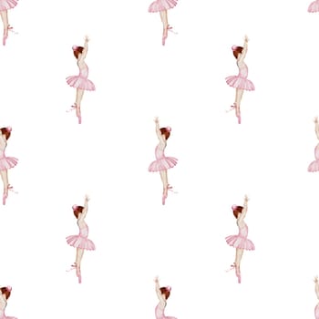 Ballerina watercolor pattern. Hand drawn seamless incredible girl dancer in pink tutu skirt. Clip art on isolated white background of cute ballet beauty.Ideal for baby textiles
