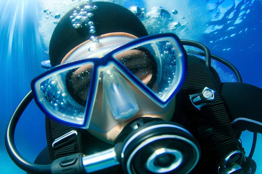 diver with mask and scuba dives into the sea, close-up