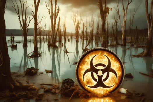 dry, yellowed sick trees in a dirty, overflowing lake with a holographic biohazard sign in the foreground, environmental disaster