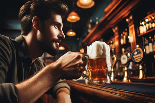 man in a bar with a mug of beer in his hand.