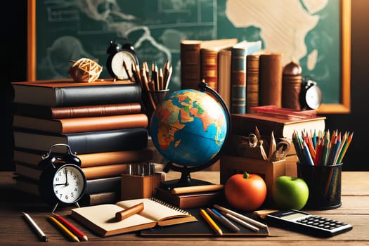 a school theme. books, a globe, pencils and chalkboard.