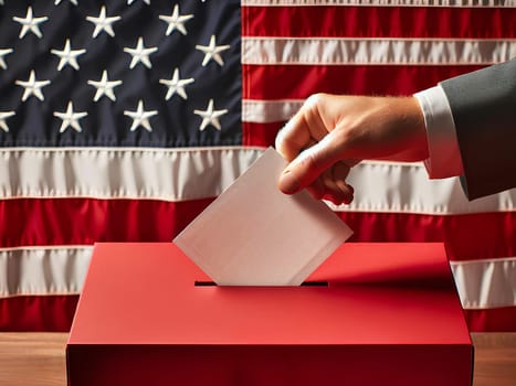 a hand placing a ballot paper into a red voting box, with the American flag in the background.