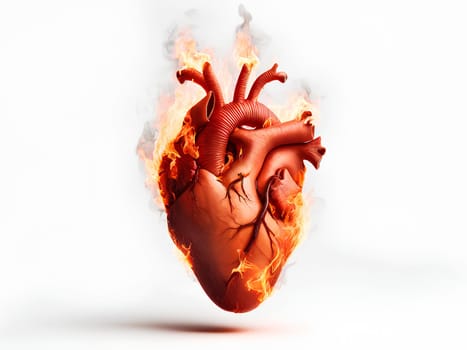 human heart engulfed in flames, close-up, on a white background. Heart attack