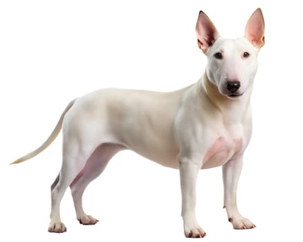 White bull terrier dog standing and looking at camera, isolated on white background. Ai generated