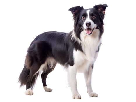 Black and white border collie dog standing and looking at camera, isolated on white background. ai generated image
