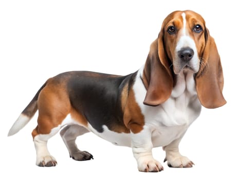 Basset hound dog, standing and looking at camera, isolated on white background. Ai generated
