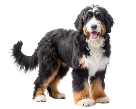 Bernedoodle dog standing and Looking at camera. Isolated on white background. ai generated image