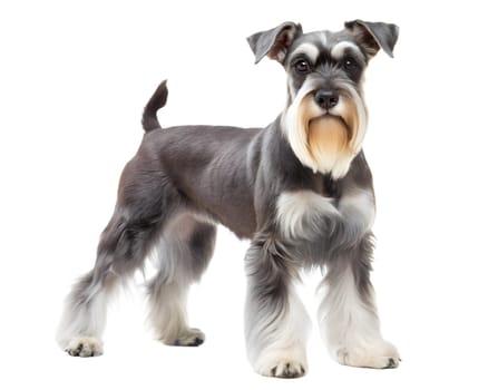 Miniature schnauzer standing and looking at camera, isolated on white background. Ai generated image