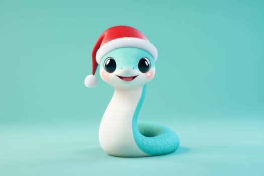 Cartoon blue snake in santa hat on blue background