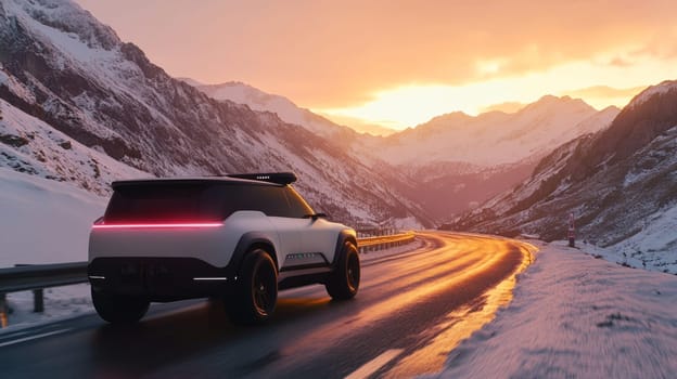 Sleek electric suv drives on a snowy mountain road at sunset, blending nature with modern automotive innovation