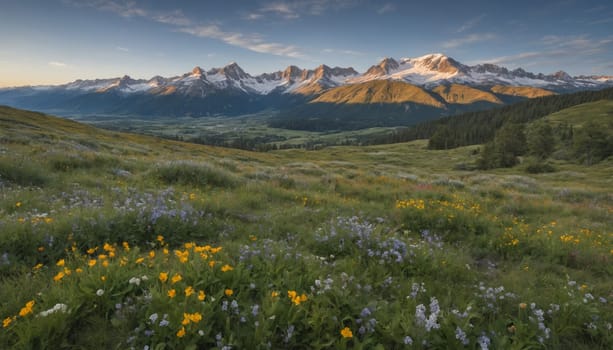 Golden hour casts a warm glow over a sprawling valley filled with vibrant wildflowers, framed by towering snow-capped mountains in the distance.