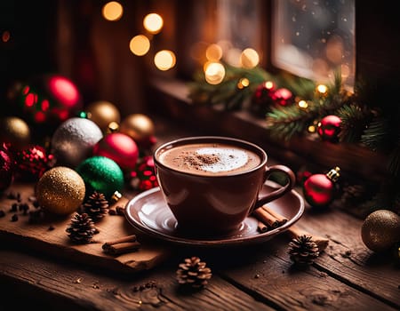 Christmas holiday concept.Christmas coffe on bokeh background with Christmas decoration.Space for text. AI generatedBackground for publications and cards.