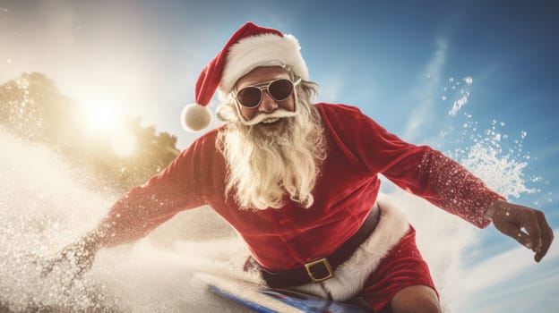 Santa Claus on surf board in ocean. Santa Claus on vacation. Surfing Santa. Santa goes Surfing