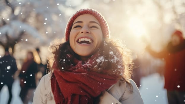 Happy Friends wearing winter clothes celebrating Christmas holiday. People having fun hanging out together walking on city street. Winter holidays and relationship concept.