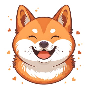 A carnivore cartoon illustration of a happy shiba inu dog with whiskers and a smiling snout, surrounded by hearts. Inspired by art featuring Felidae and red panda toys