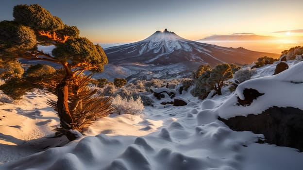 A picturesque snowy landscape featuring a majestic mountain rising prominently in the background, creating a beautiful winter scene. Teide volcano in Tenerife sunset snow